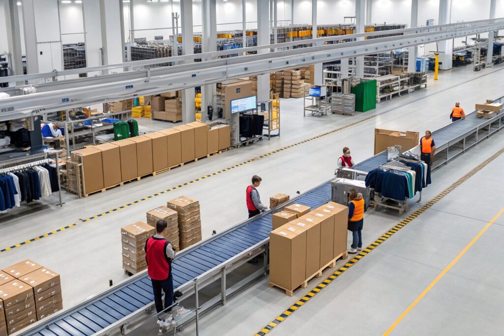 Workers packing clothing in logistics center