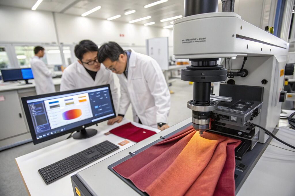 Scientists analyzing fabric quality and color accuracy in a textile laboratory