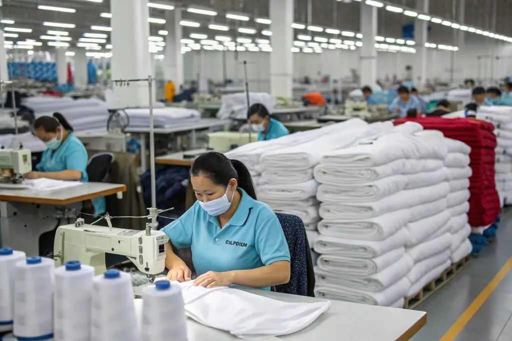 Workers sewing garments in a large textile factory