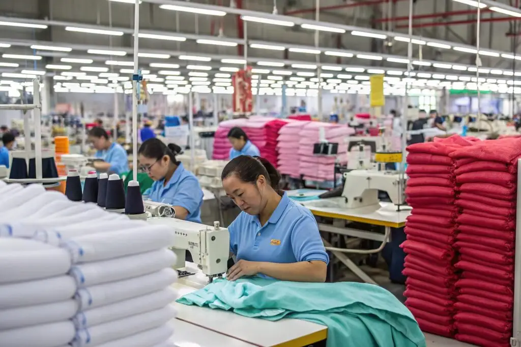 Workers sewing garments in a large textile factory