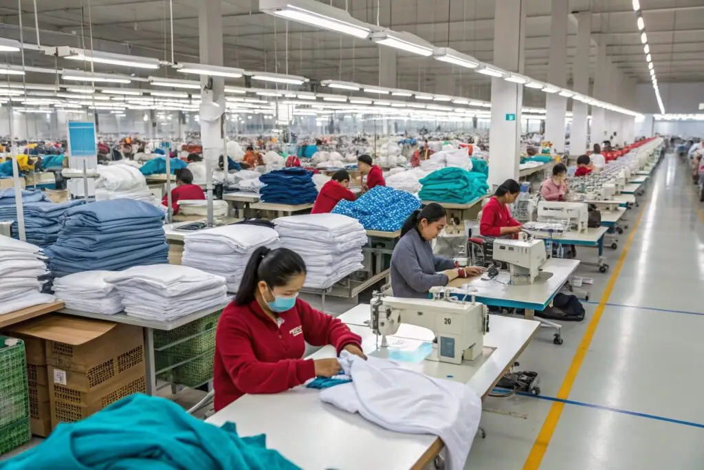 Workers sewing garments in a large-scale textile factory