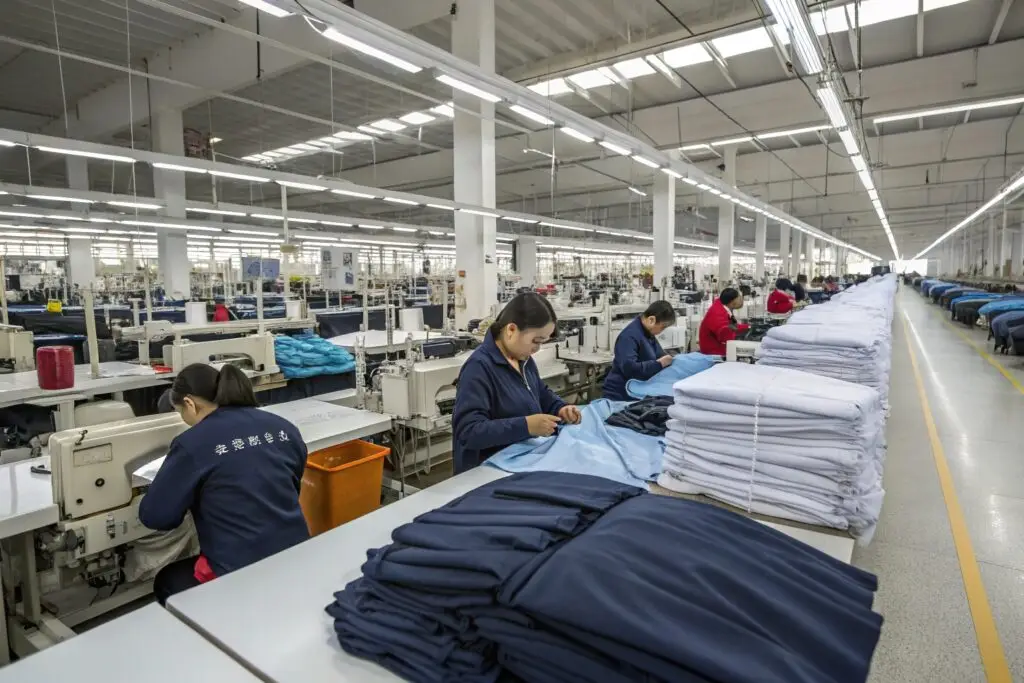 Workers sewing garments in a large modern clothing factory.