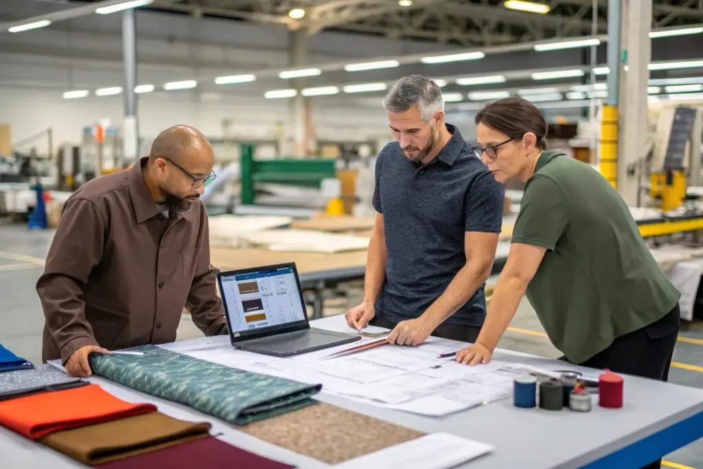 Team discussing fabric selection and garment design in a factory