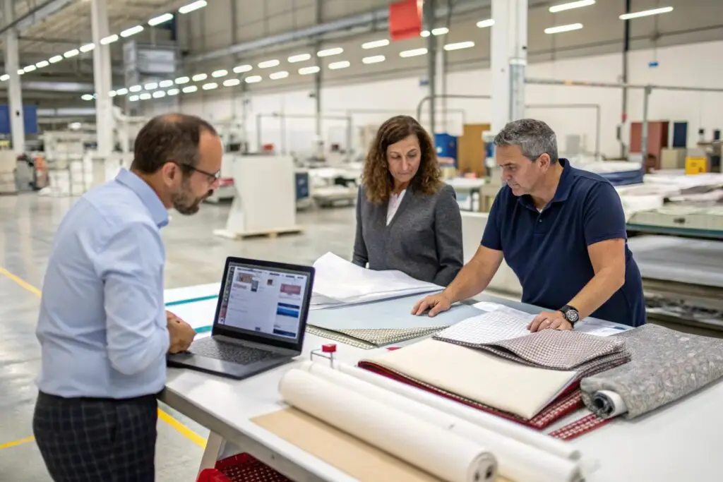 Textile professionals reviewing fabric options in a factory