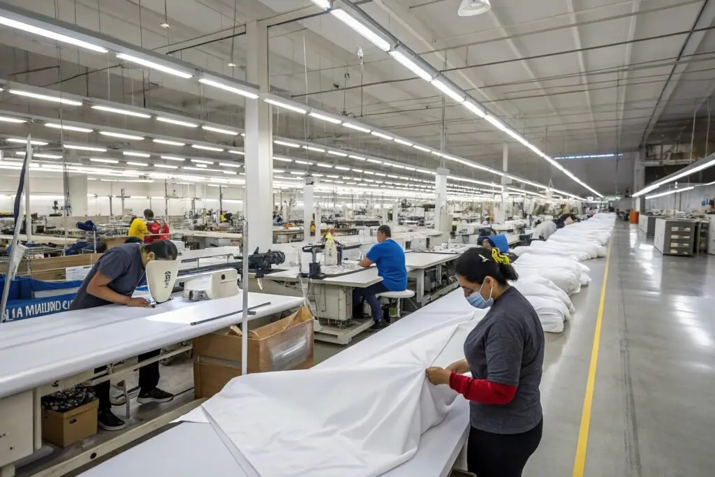 Large-scale apparel manufacturing facility with skilled workers ensuring fabric quality and precision.
