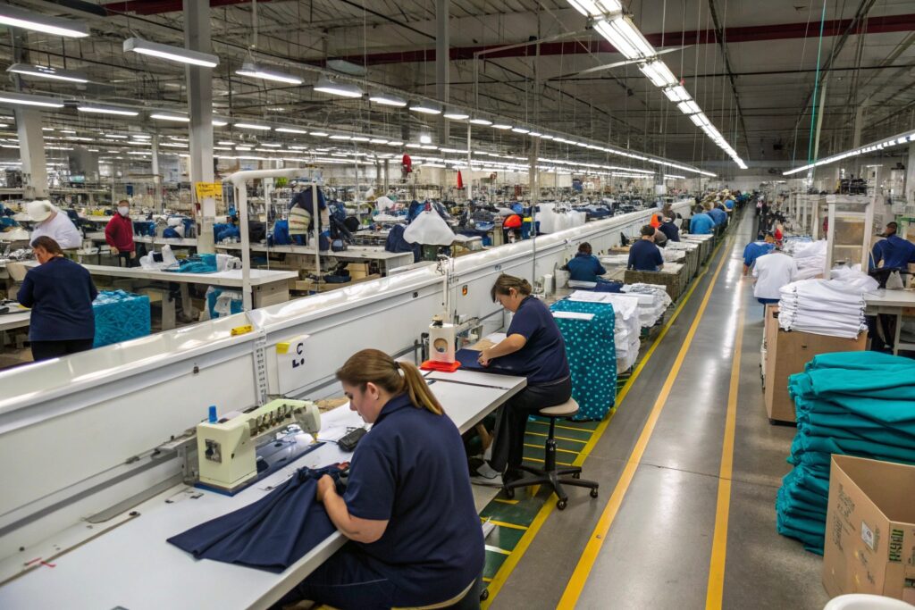 Large-scale clothing factory with workers assembling garments