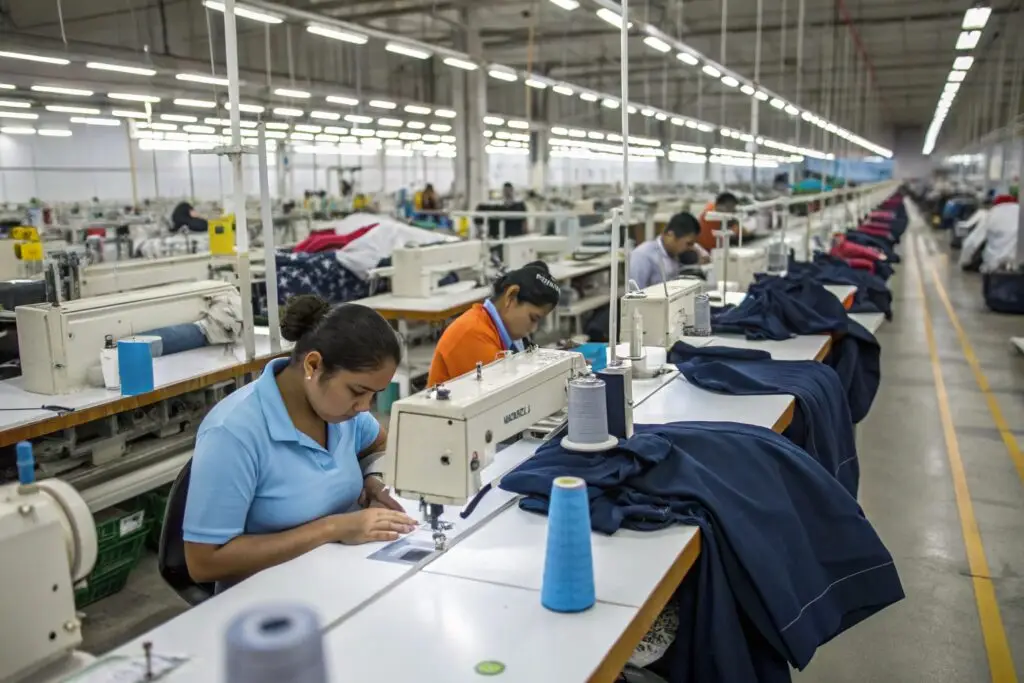 Workers sewing garments in a large-scale clothing factory.