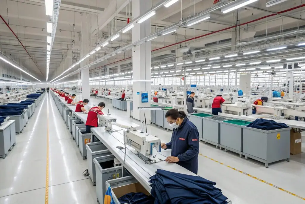 Large-scale garment factory with workers sewing and assembling clothing