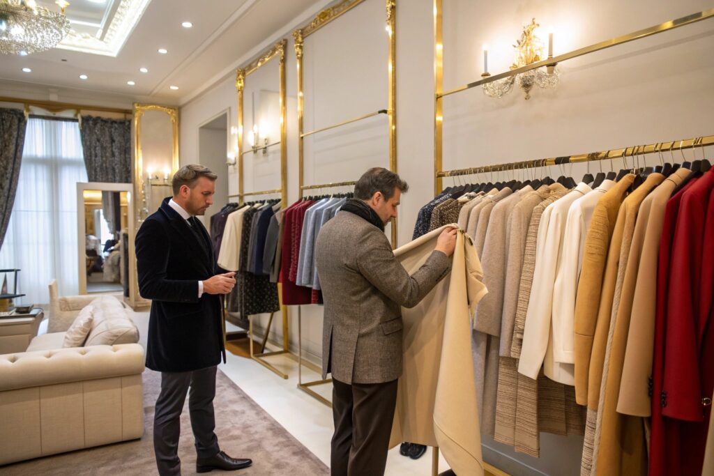 Luxury fashion boutique with elegant men's coats