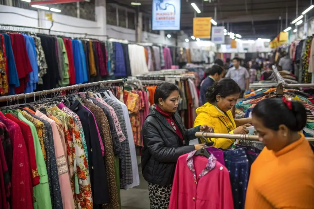 Wholesale clothing market, buyers selecting garments for bulk purchase