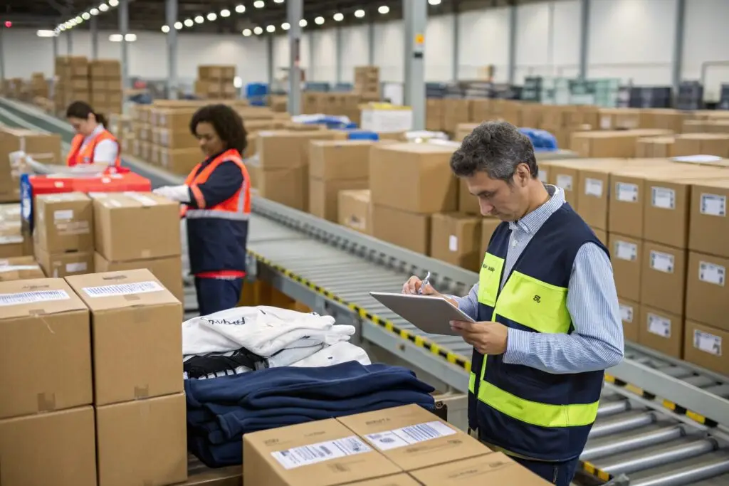 Warehouse workers inspecting and packing apparel orders