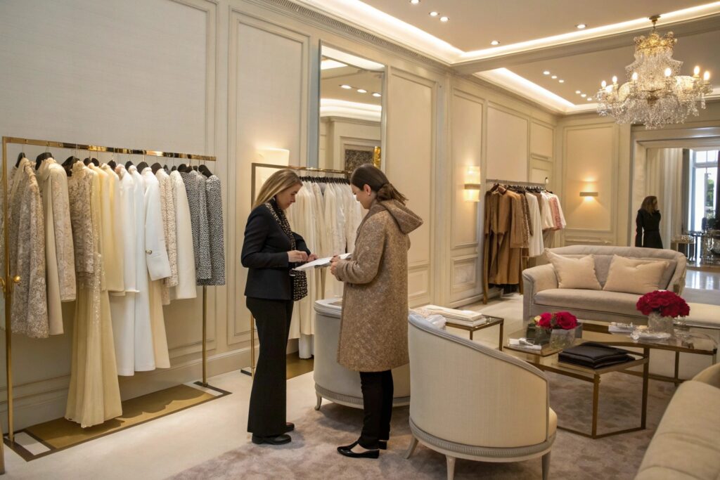 Luxury fashion boutique, discussing high-end clothing collection