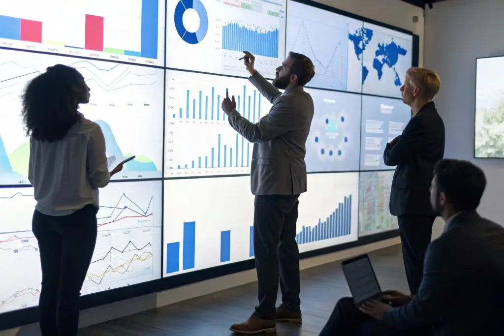 Team analyzing business data on large screens
