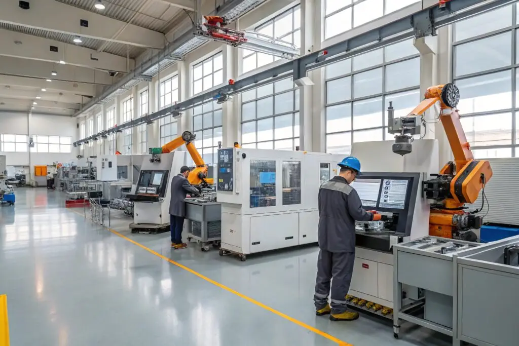 Engineers operating robotic machinery in an advanced manufacturing facility