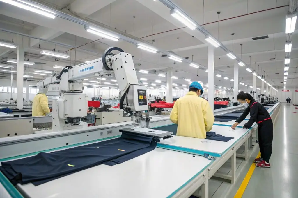 Modern apparel manufacturing facility utilizing advanced robotic machinery for precision cutting and assembly.