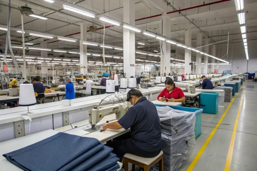 Modern clothing factory with skilled workers sewing garments, showcasing efficiency and precision.
