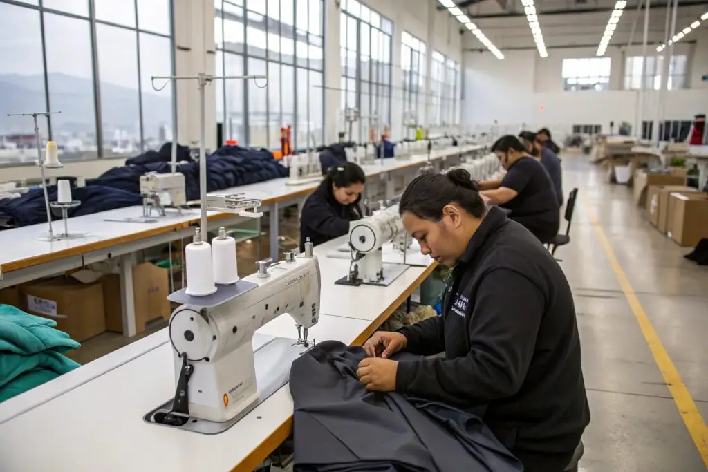 Modern clothing manufacturing facility with skilled workers sewing garments
