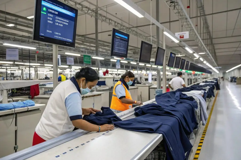 Workers inspecting garments on a production line in a clothing factory