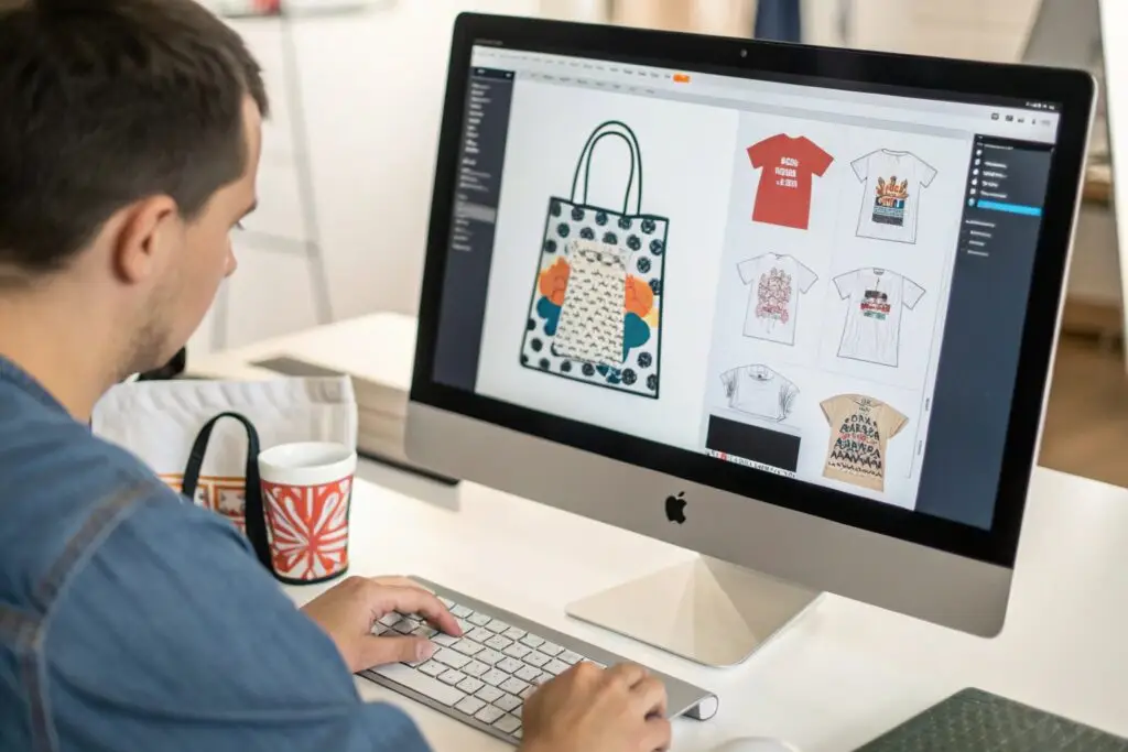 Graphic designer creating custom apparel and tote bag designs on a computer