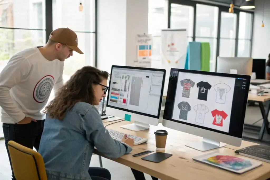 Fashion designers creating custom t-shirt designs on computer screens