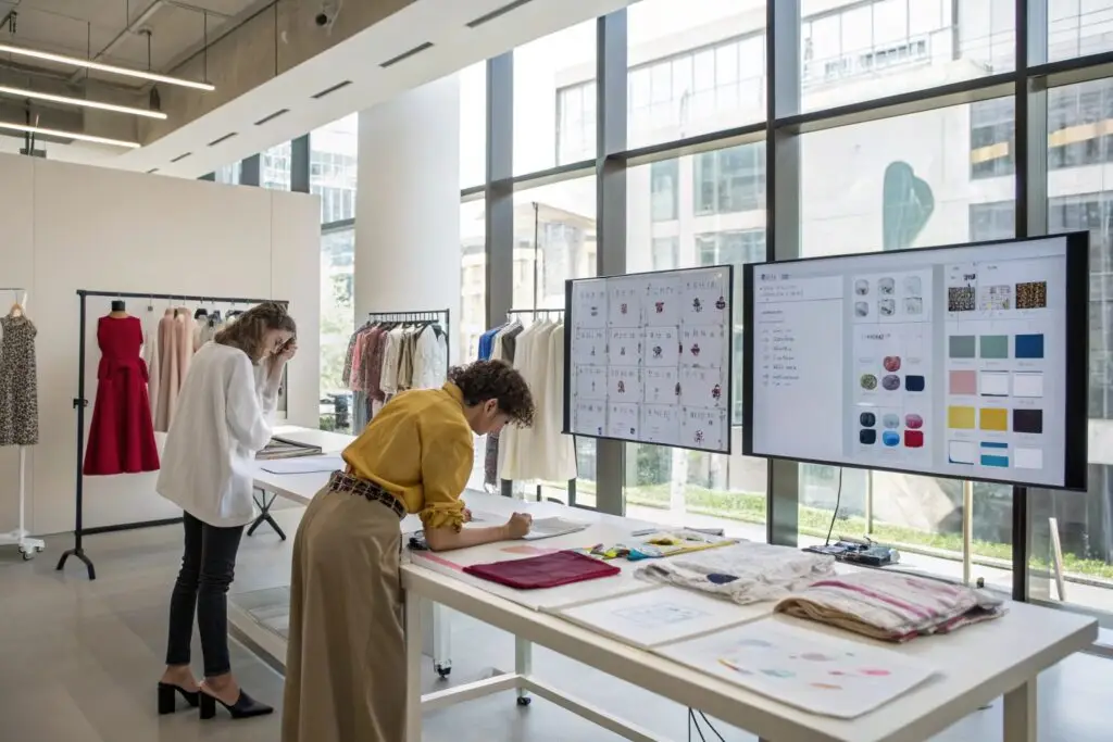 Fashion designers working on clothing concepts and textile selections in a modern studio