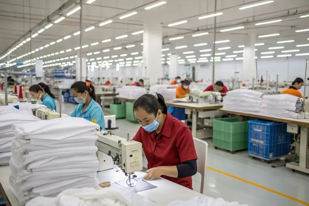 Workers sewing and assembling garments in a large textile factory