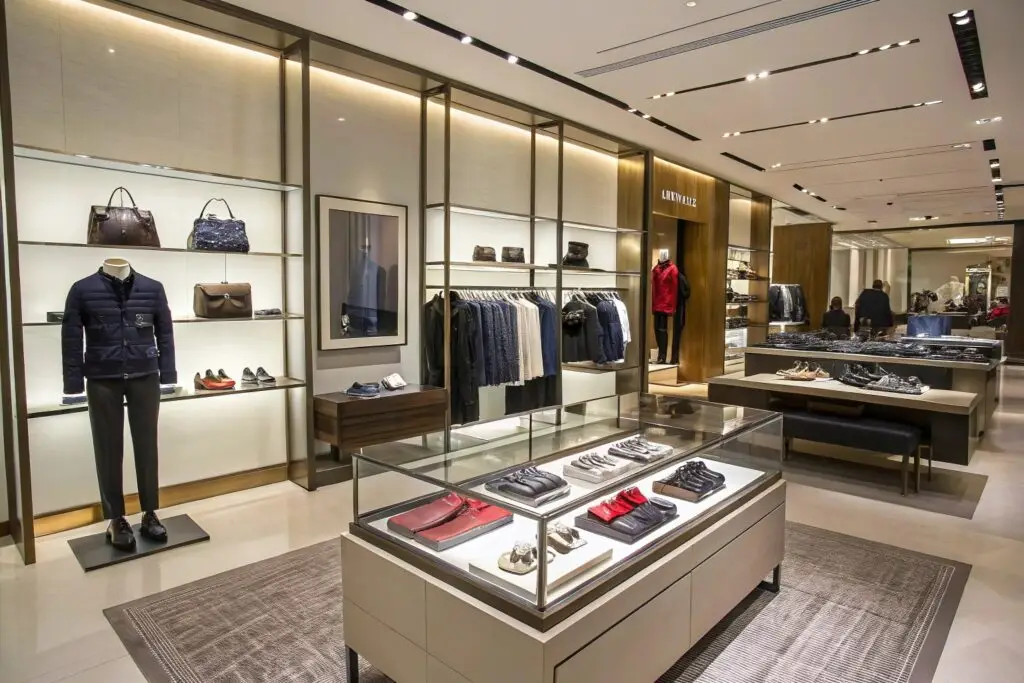 Modern retail showroom featuring high-end fashion apparel and accessories