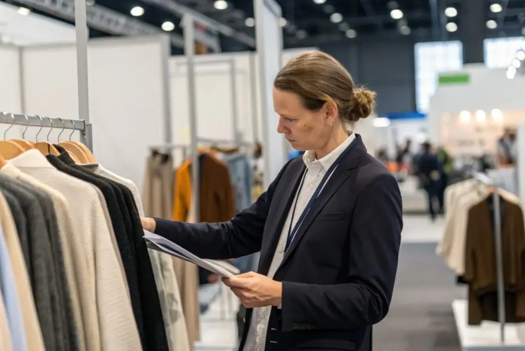 Professional inspecting clothing at a trade show