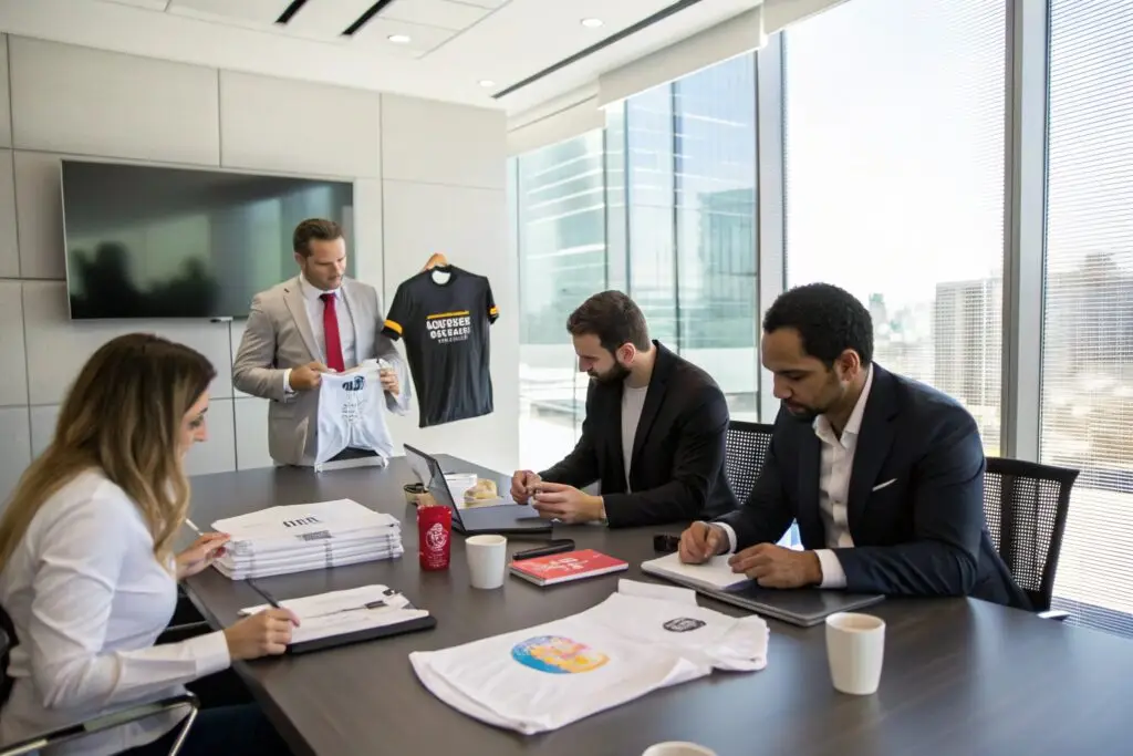 Business meeting discussing custom t-shirt designs in a modern office