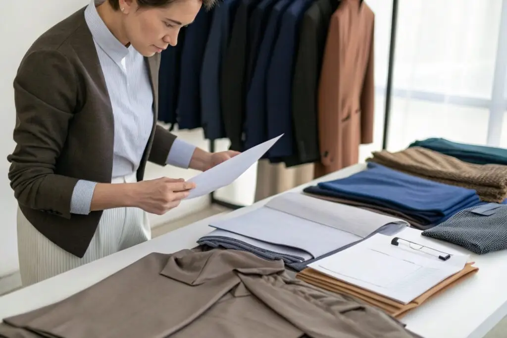 Professional comparing fabric samples and documents