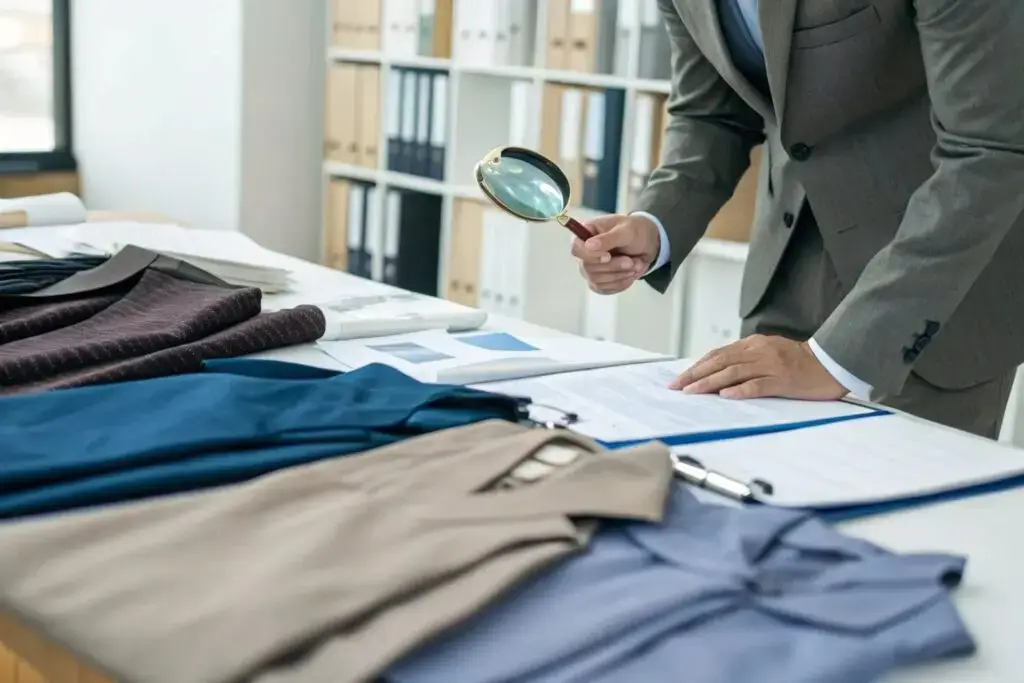 Professional inspecting clothing samples with a magnifying glass