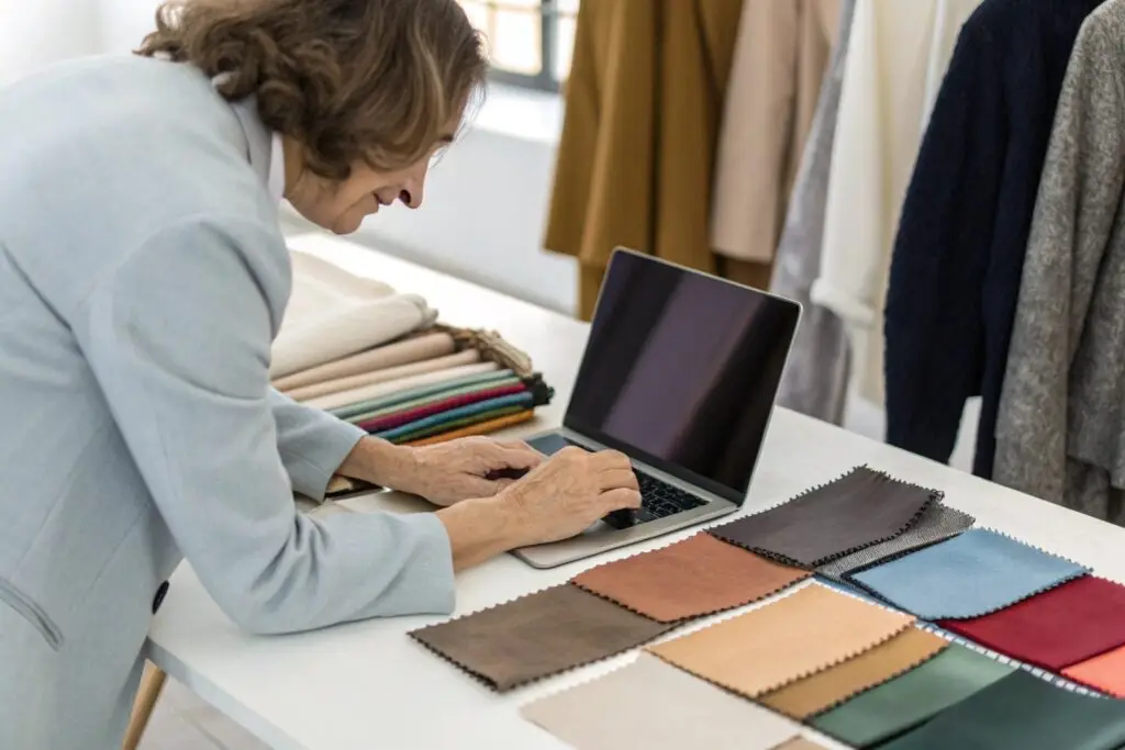 Professional inspecting fabric swatches and using laptop