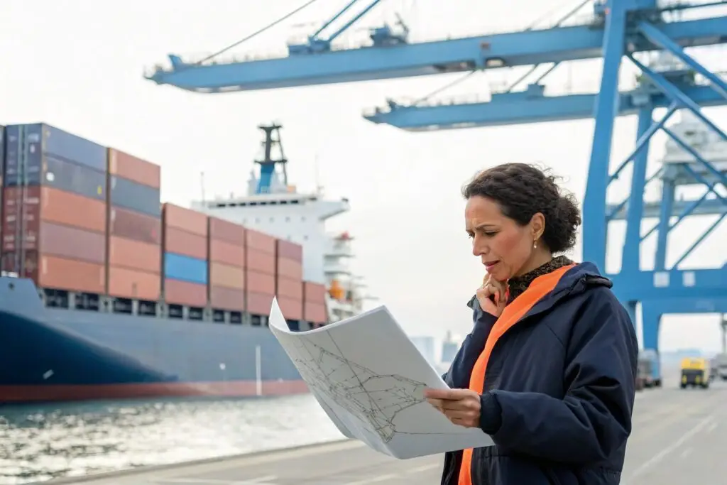 Logistics manager reviewing shipping documents at a cargo port
