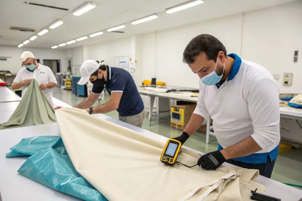 Quality control team inspecting fabric