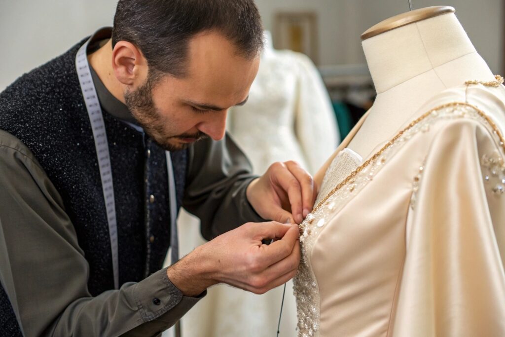 Garment worker sewing a dress