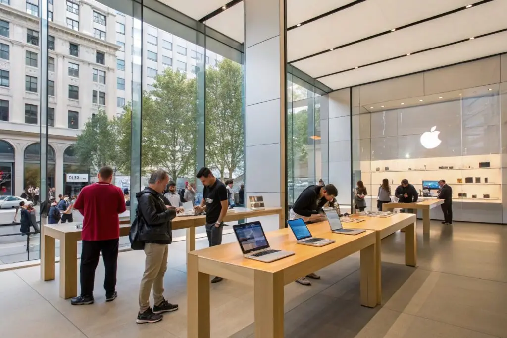 Sleek Apple store with customers shopping and interacting with products