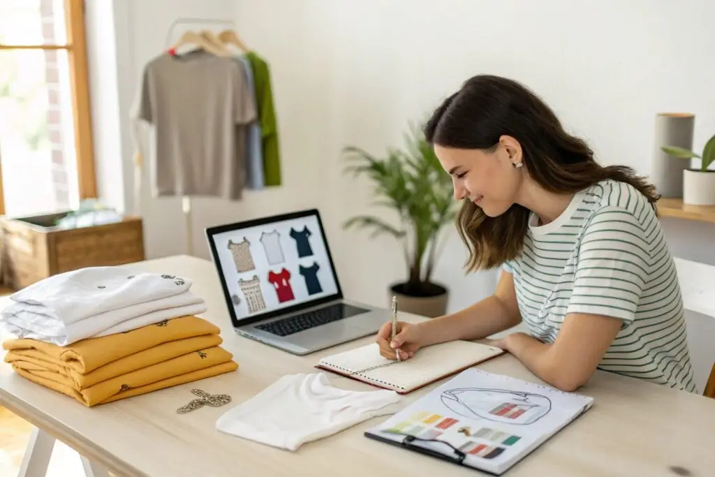 Fashion designer working on clothing sketches and samples
