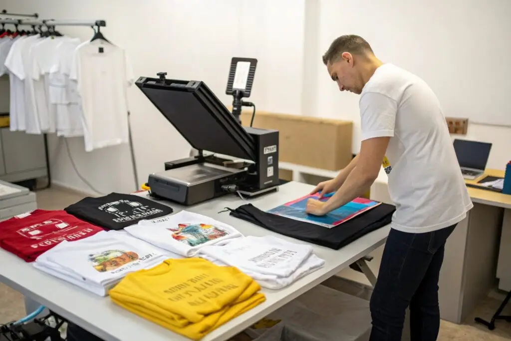 A startup business owner setting up a heat press machine for custom T-shirt printing in a small workshop