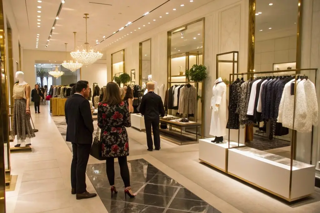 Luxury fashion boutique with elegant clothing displays