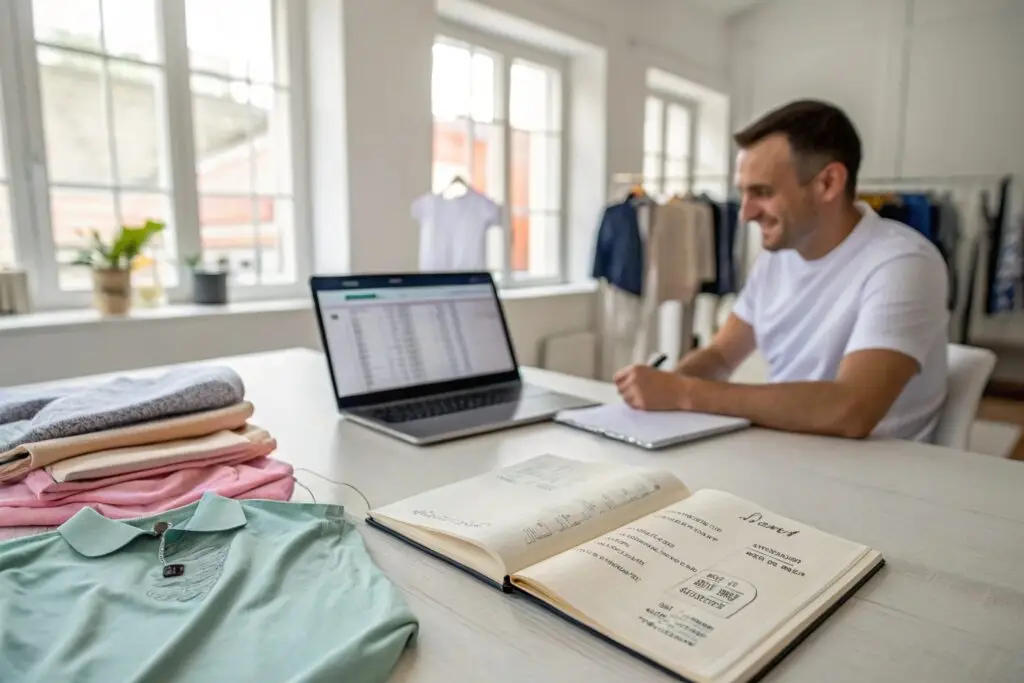 Successful T-shirt business owner reviewing orders and planning inventory