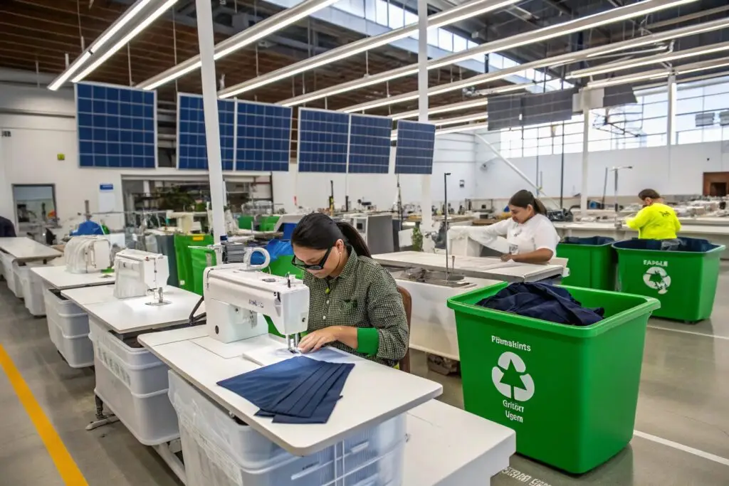 Sustainable garment factory with workers sewing eco-friendly apparel, green production process
