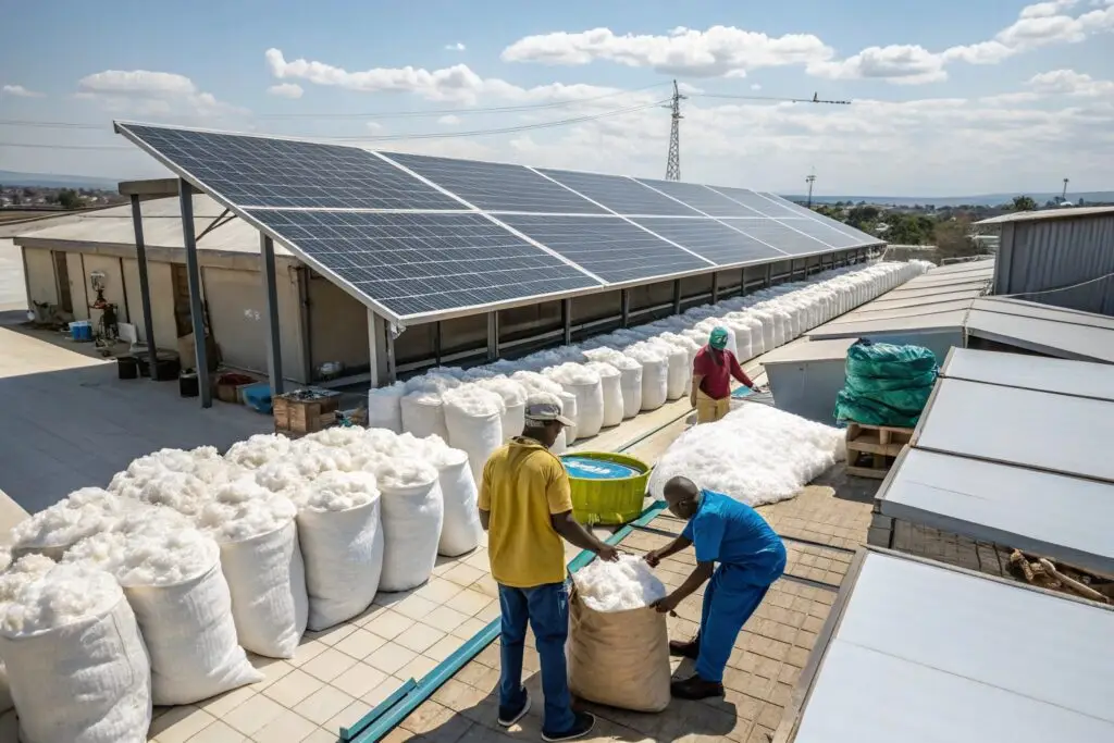 Sustainable textile factory using solar energy for cotton processing in an eco-friendly production setup.