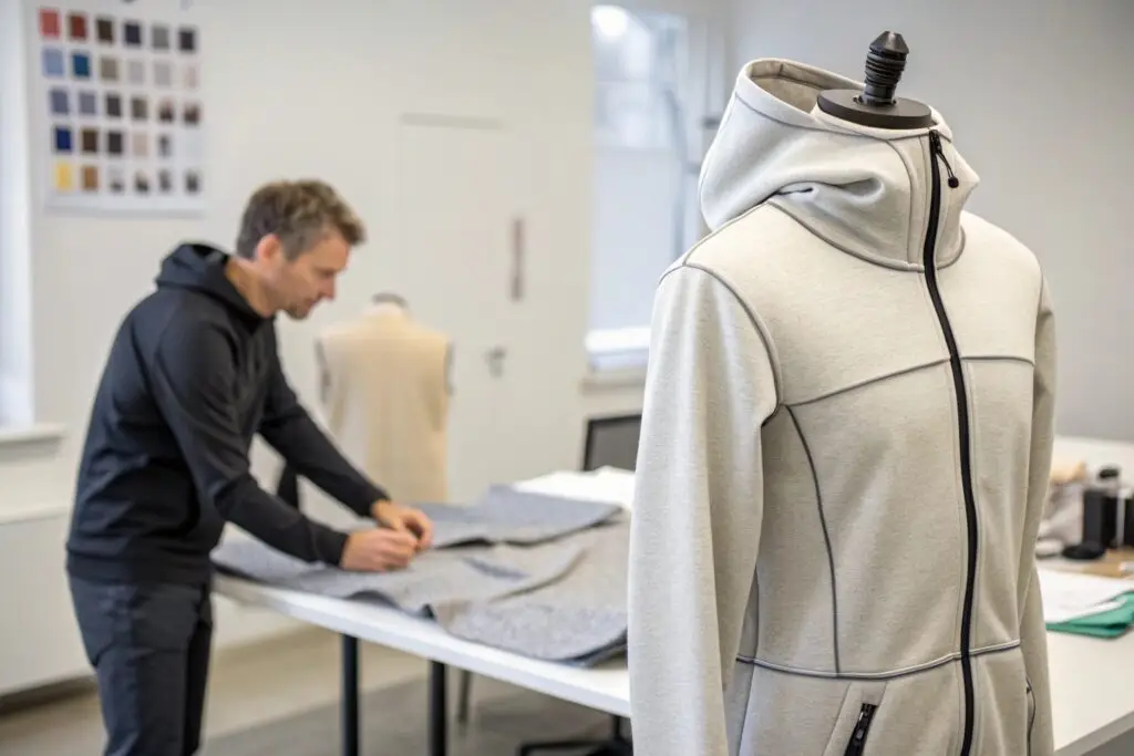 Designer working on tech fleece garment and fabric patterns