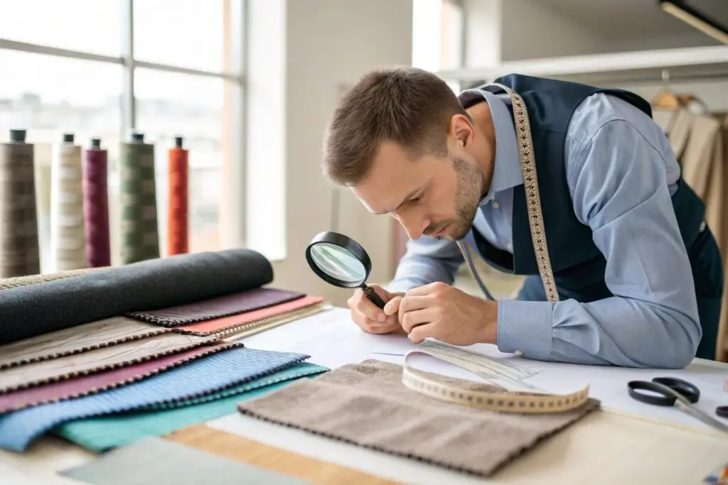 Textile expert examining fabric samples with precision.