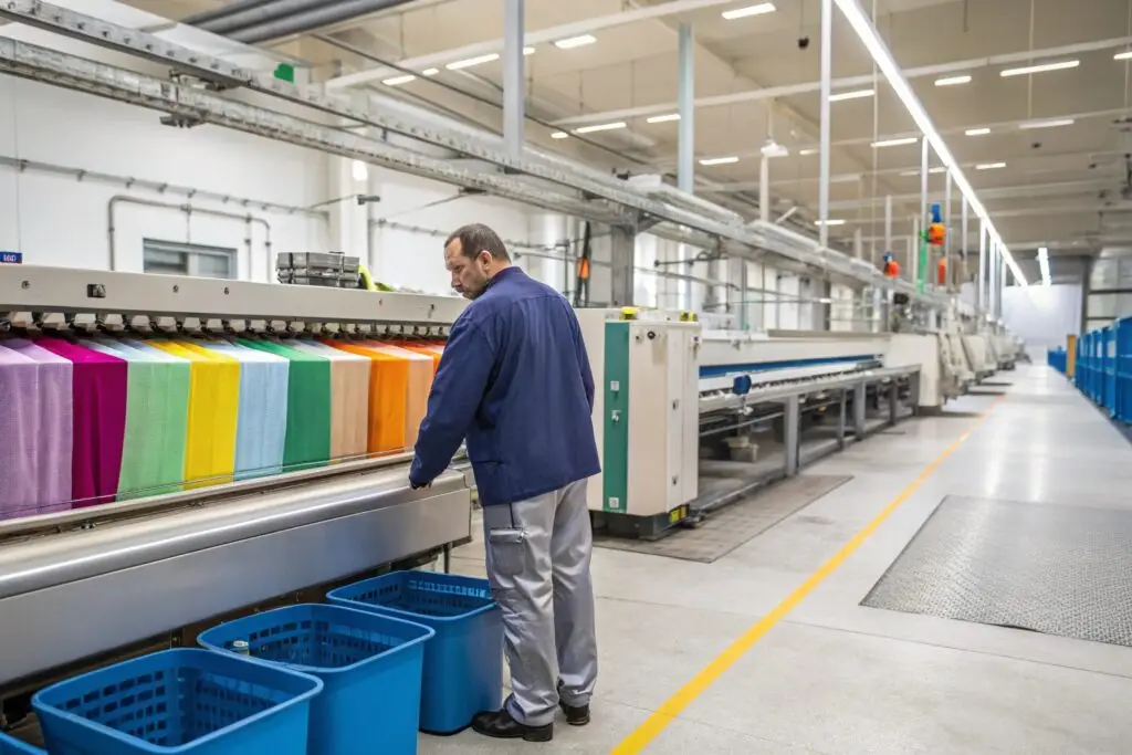 Textile factory worker operating a machine with colorful fabric rolls