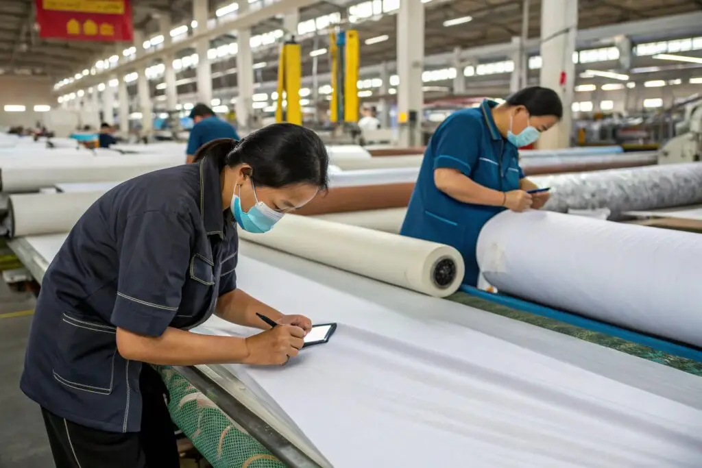 Workers inspecting and documenting fabric quality in a textile factory