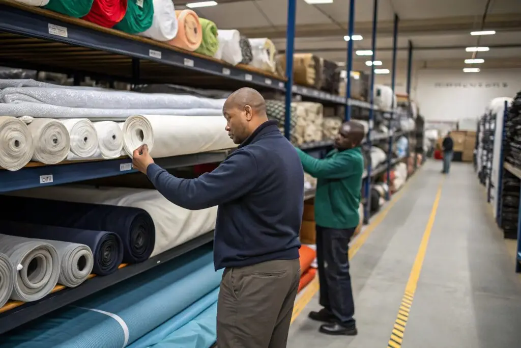 Workers sorting fabric rolls in textile warehouse