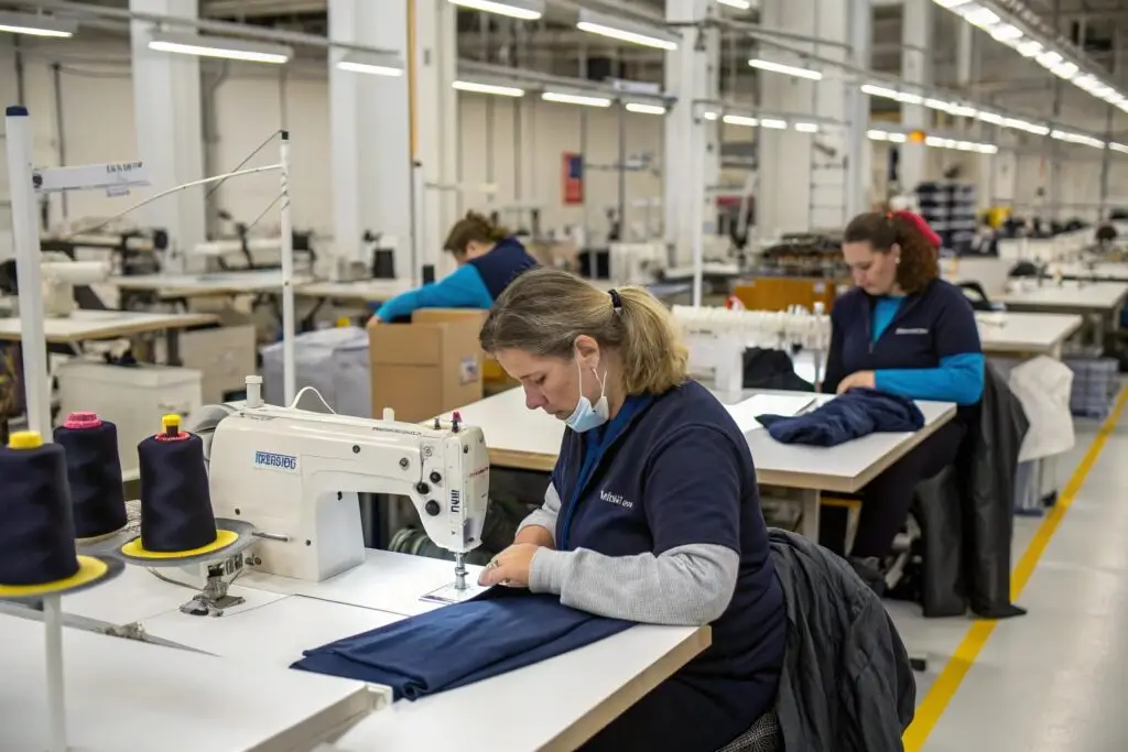 Skilled workers sewing garments in a UK clothing factory
