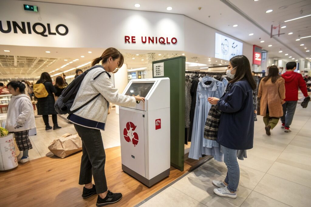 Customers participating in a clothing recycling program at a retail store