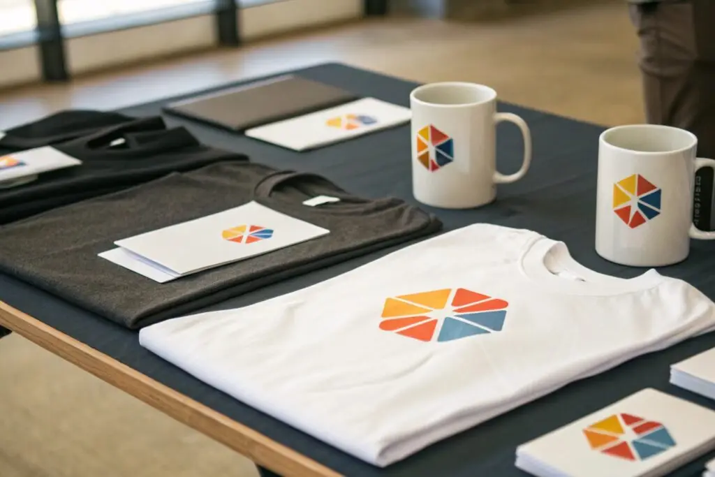 A variety of products on a table, including t-shirts and mugs with a logo